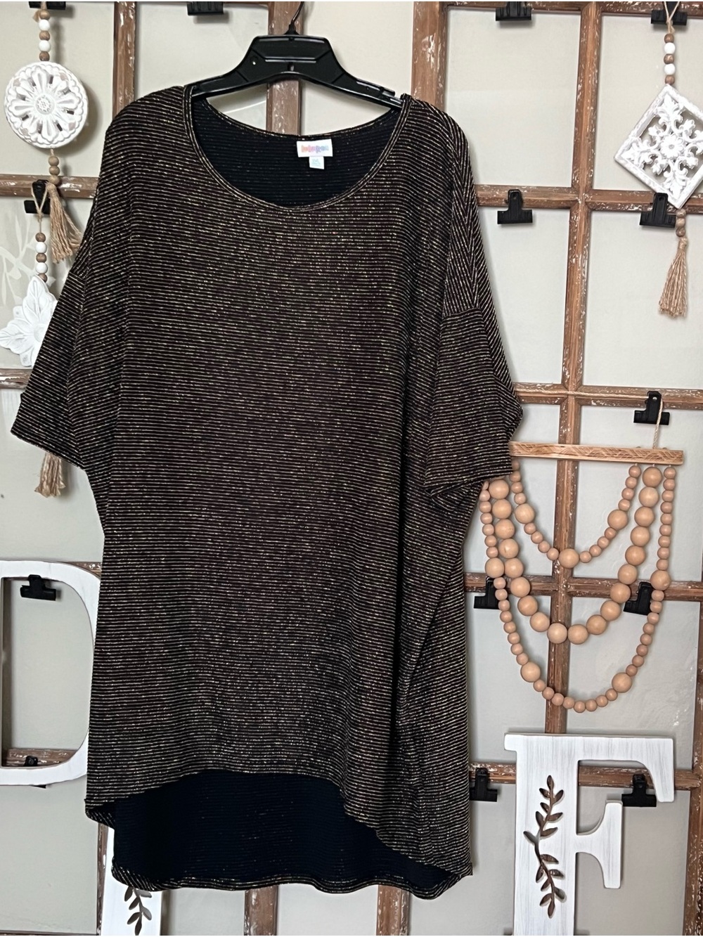 LuLaRoe Metallic Brown and Black Striped Dolman Tunic